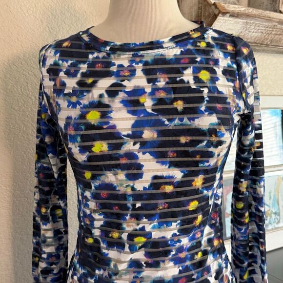 Fuzzi Jean Paul Gaultier Womens Floral Mesh Striped Long Sleeve Top Blue Large - Picture 3 of 11